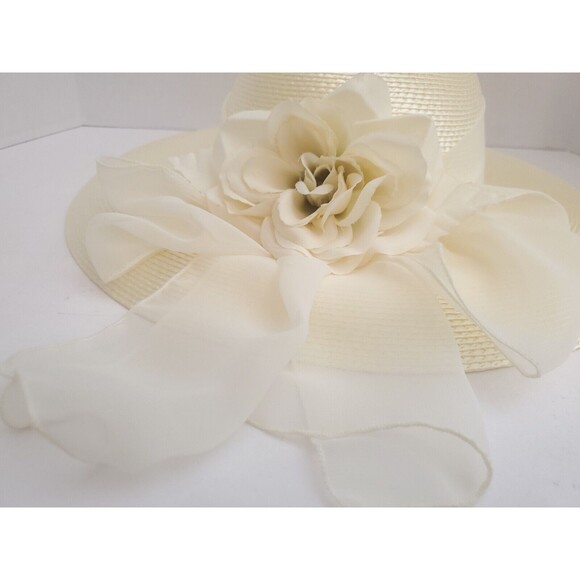 Vintage Marionette Wide Brim Womens Hat W/ Box Ivory Floral Ribbon 15\
